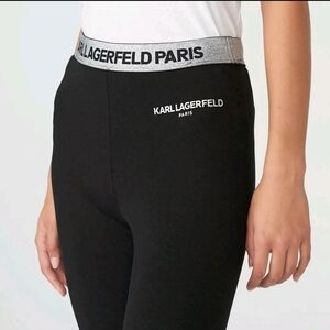 Karl Lagerfeld Paris Black/SLIVER LOGO WAISTBAND LEGGING Sz  S NEW Women Cotton